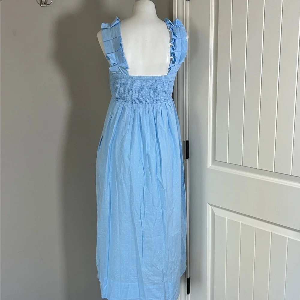 Lake Pajamas Lolly Dress in Morning Blue Swiss Dot Midi Pockets Sz S NEW - Picture 9 of 15